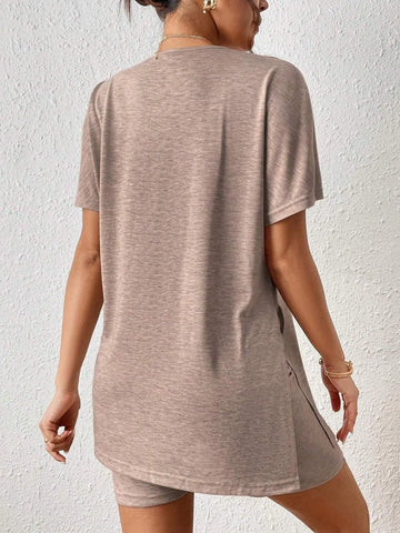 Short sleeve detail of pink round neck tunic top – Voguelle