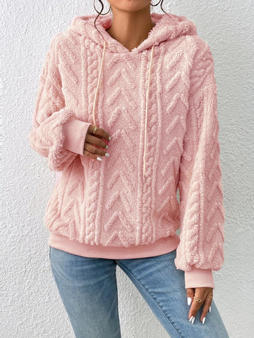 Front view of fleece textured drawstring hoodie in beige on model – Voguelle