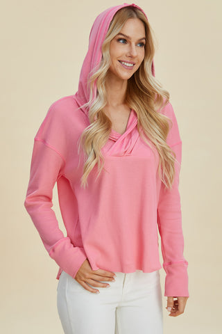 Casual pink waffle knit hoodie top for women – Voguelle