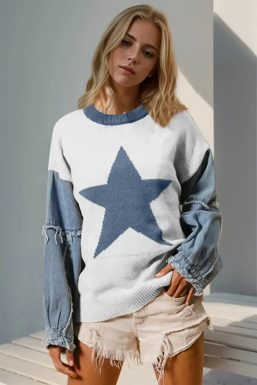 Front view of Star Pattern Raw Edge Long Sleeve Sweater in white – Voguelle