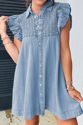 Back view of smocked denim dress with collared neckline – Voguelle