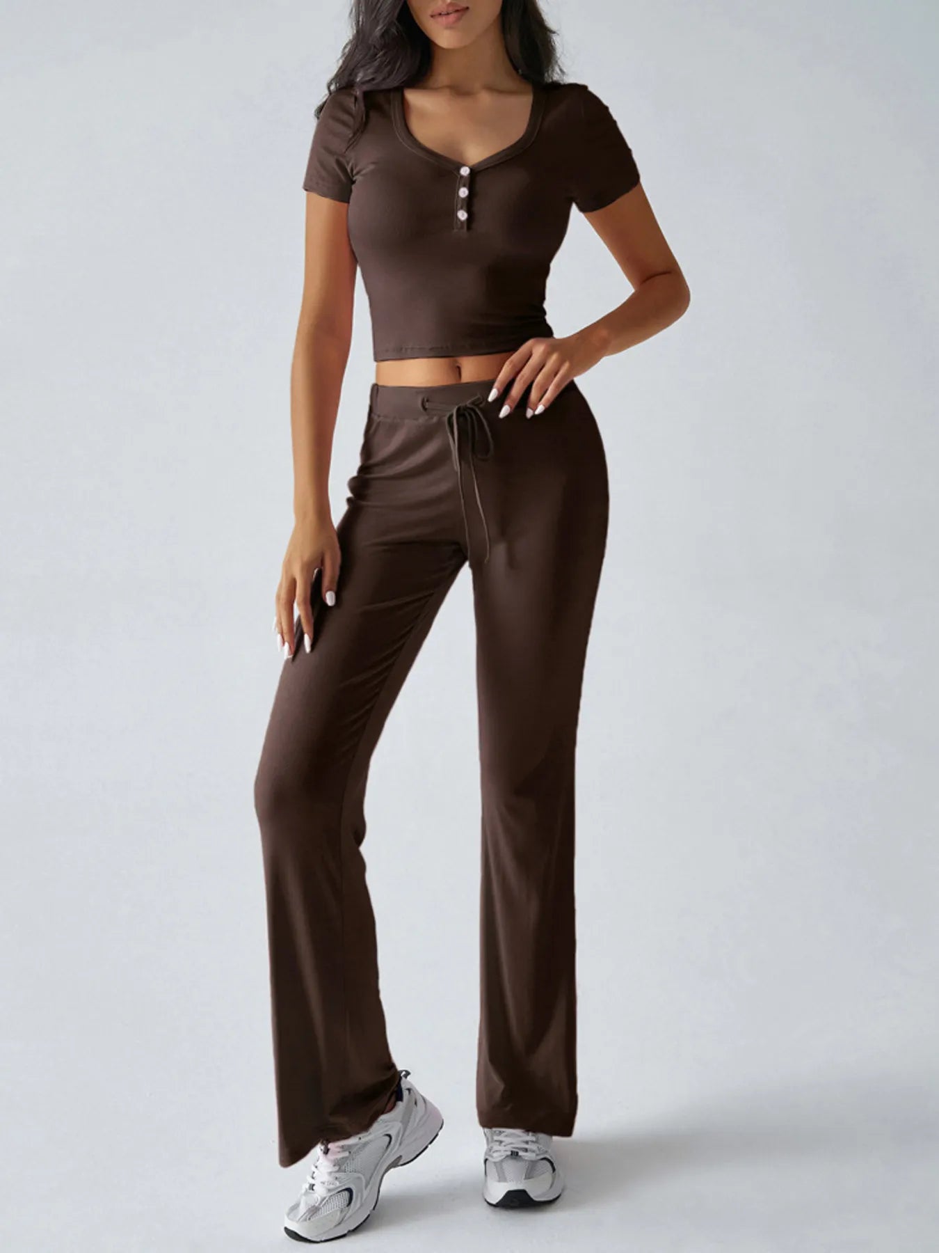 Pink ribbed crop top and drawstring waist pants set styled with sneakers – Voguelle