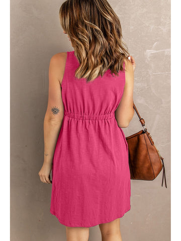 Casual lifestyle photo of sleeveless button down mini dress – Voguelle