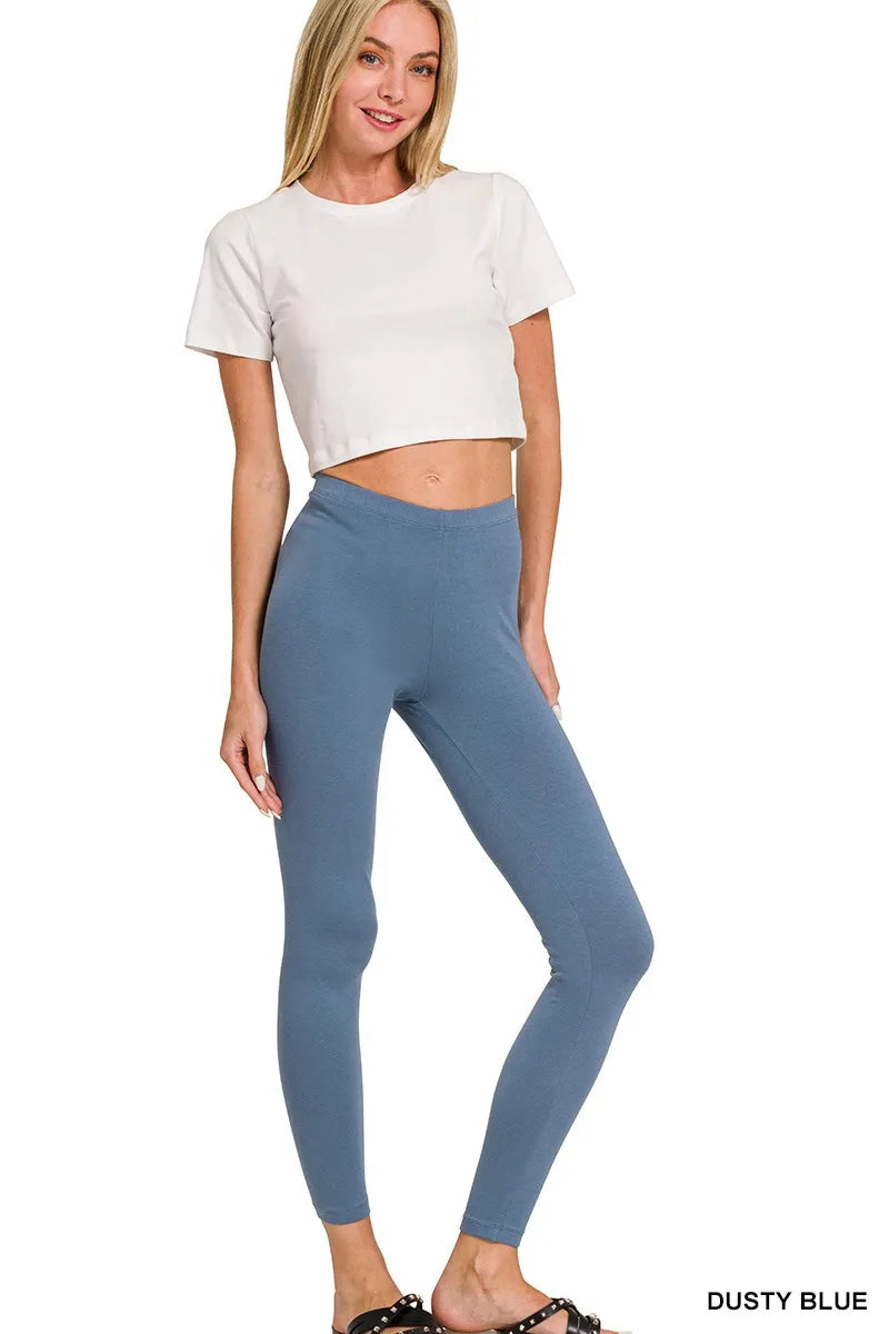 Model wearing dusty blue cotton longline top and fitted leggings – Voguelle