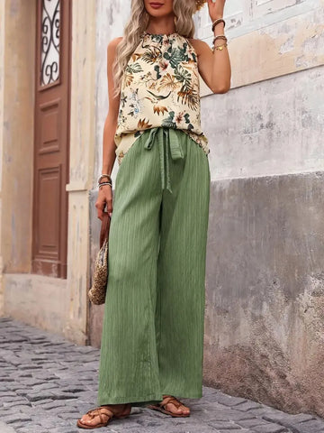 Back view outfit printed halter tank and wide leg pants – Voguelle