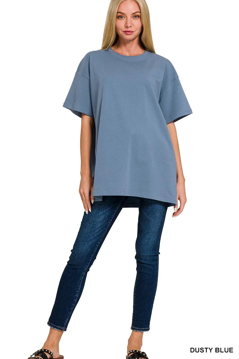 Casual dusty blue two-piece set with oversized t-shirt and leggings – Voguelle