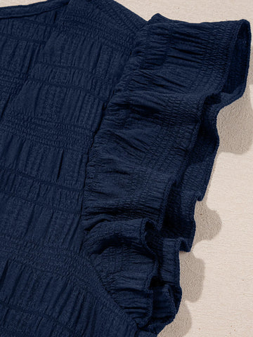 Front view of textured square neck ruffle sleeve navy crop top with matching shorts – Voguelle