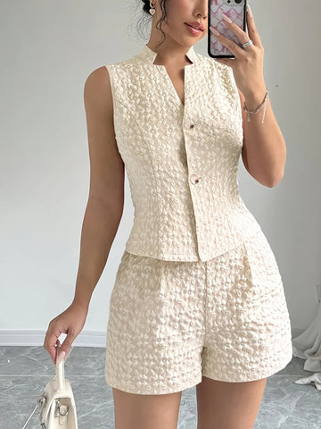 Side view cream textured vest and shorts summer set – Voguelle