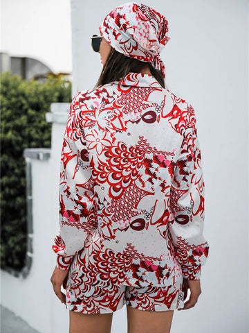 Back detail of red Printed Long Sleeve Shirt & Shorts Set – Voguelle