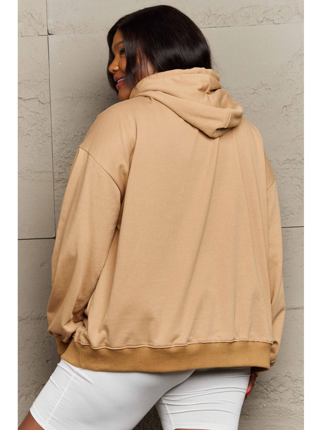 Front view of camel dropped shoulder long sleeve hoodie – Voguelle
