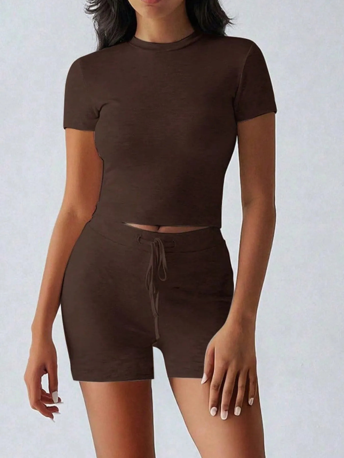 Front view of Round Neck Short Sleeve Top and Shorts Set in brown – Voguelle