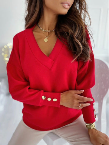 Long sleeve blue V-neck sweatshirt casual look – Voguelle