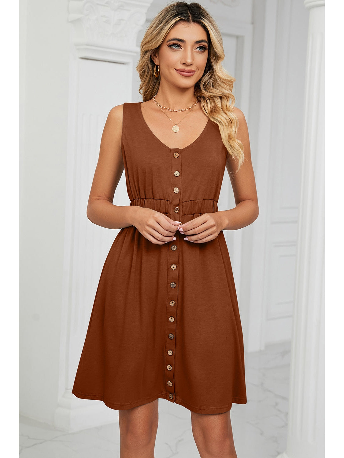 Front view of textured cap sleeve dress – Voguelle