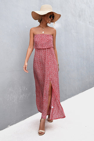 Model wearing strapless maxi dress – Voguelle