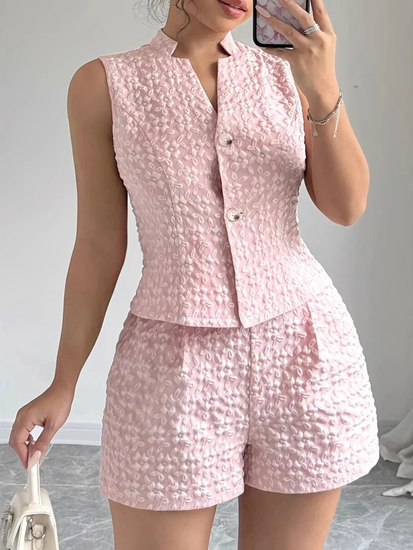Back view cream button-up vest with matching shorts – Voguelle