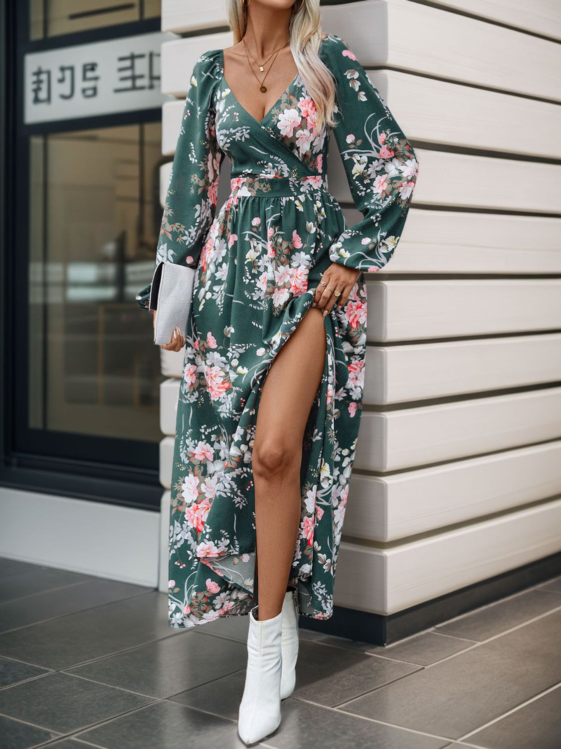 Front view of floral surplice V-neck long sleeve maxi dress – Voguelle