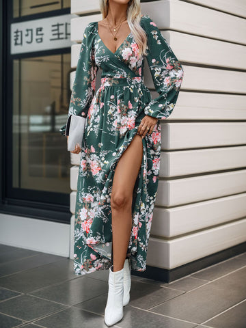 Front view of floral surplice V-neck long sleeve maxi dress – Voguelle