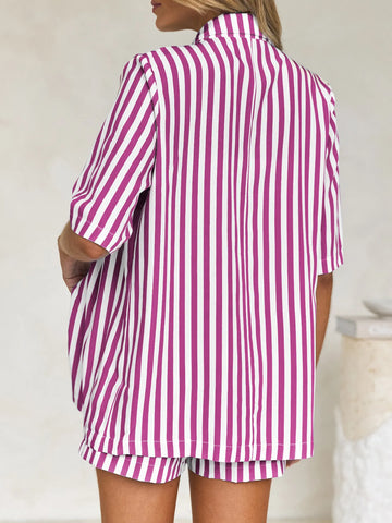 Front view of black and white striped button-up shirt with matching shorts – Voguelle