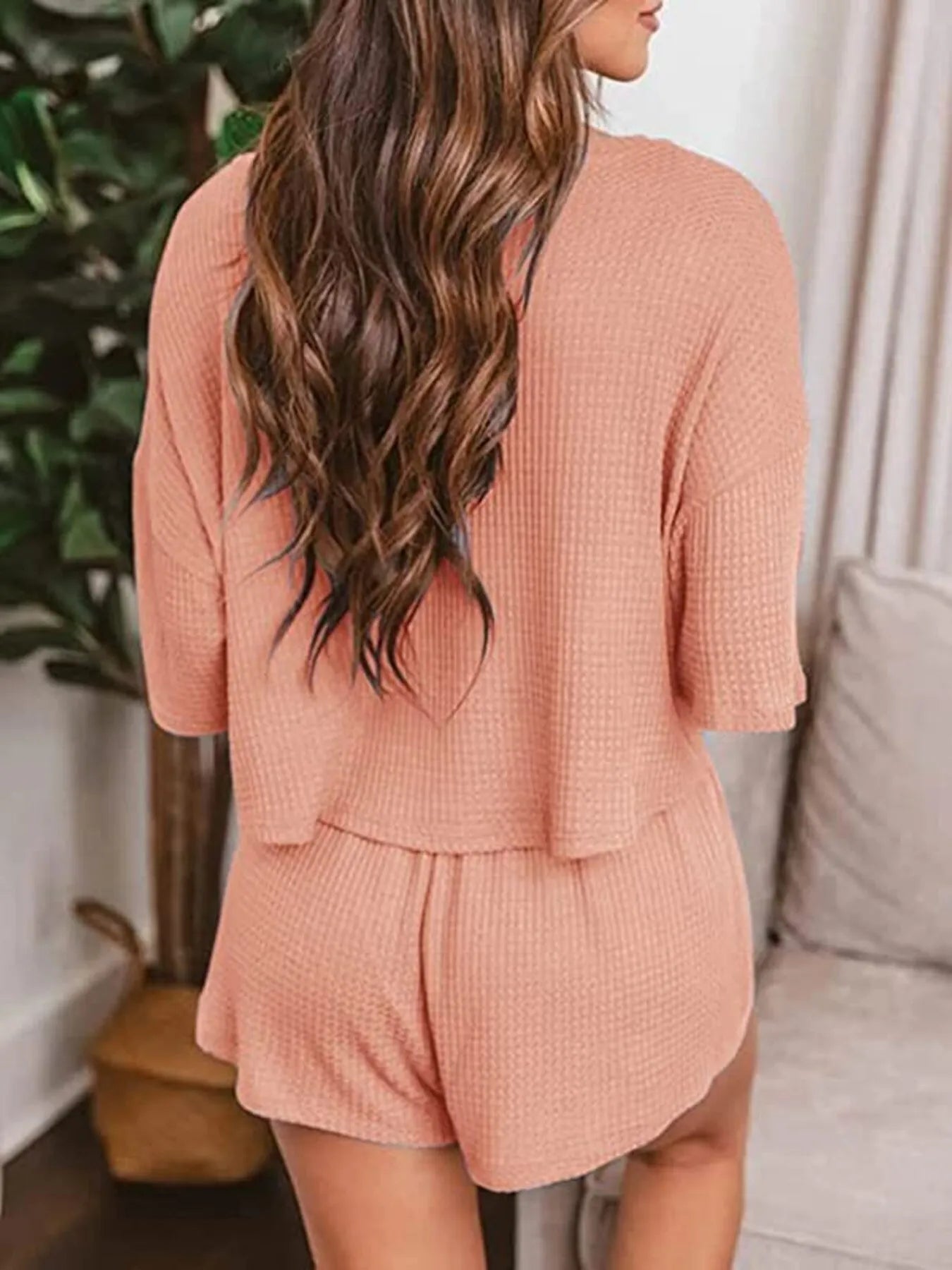 Front view of mustard yellow waffle knit lounge set with cropped top and shorts – Voguelle
