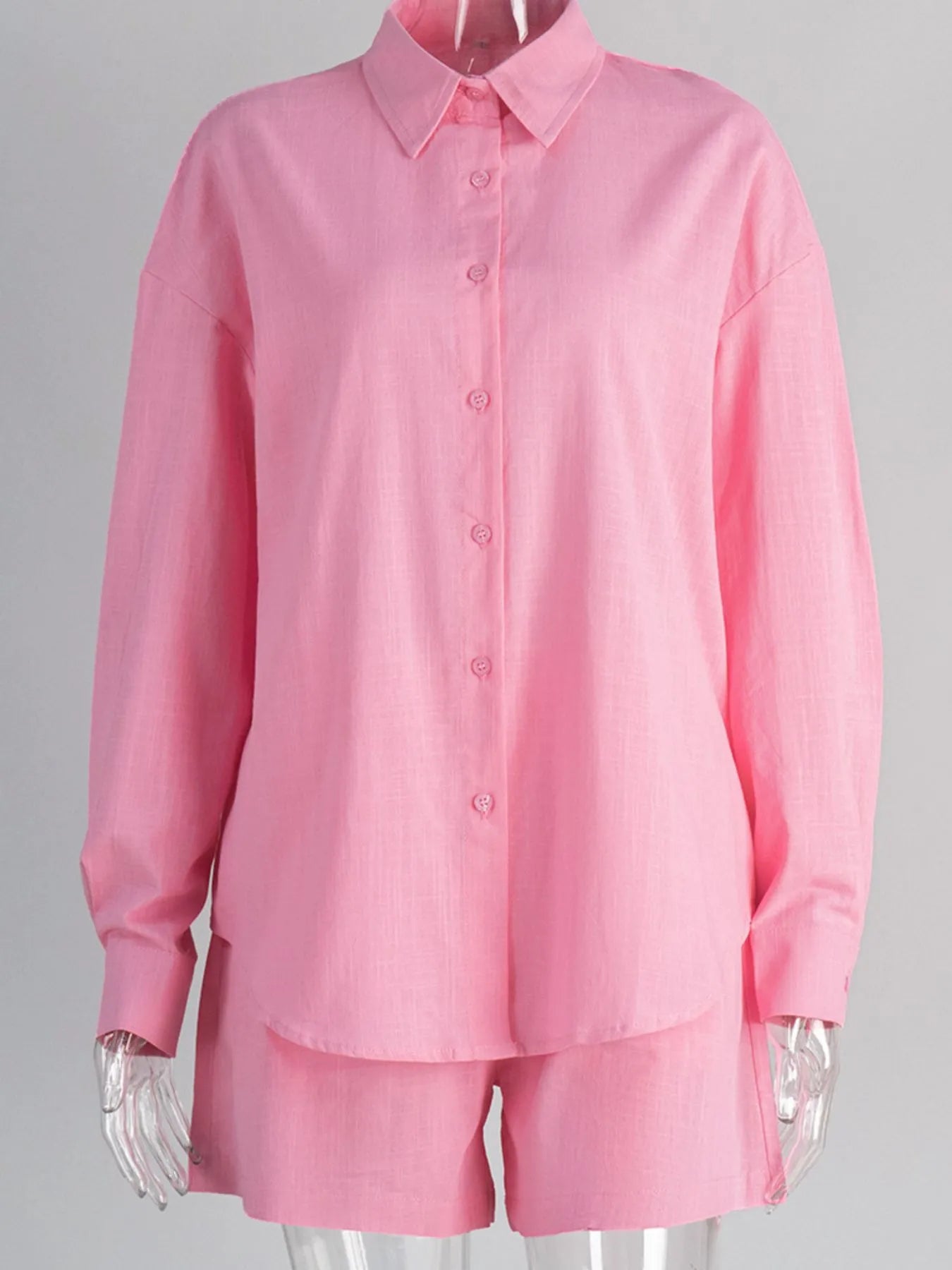 Side angle of pink two-piece summer set with relaxed fit – Voguelle