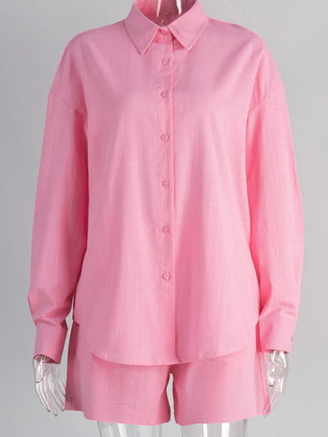 Side angle of pink two-piece summer set with relaxed fit – Voguelle