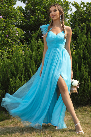 Chic asymmetrical blue maxi dress with thigh-high slit – Voguelle