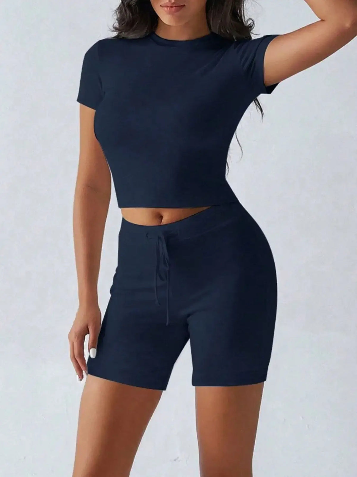 Front view of Round Neck Short Sleeve Top and Shorts Set in navy – Voguelle