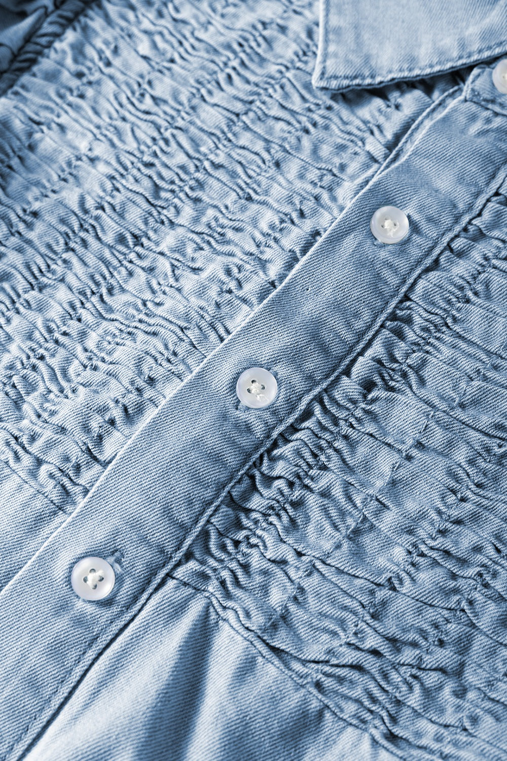 Light blue smocked denim dress with collared neckline – Voguelle