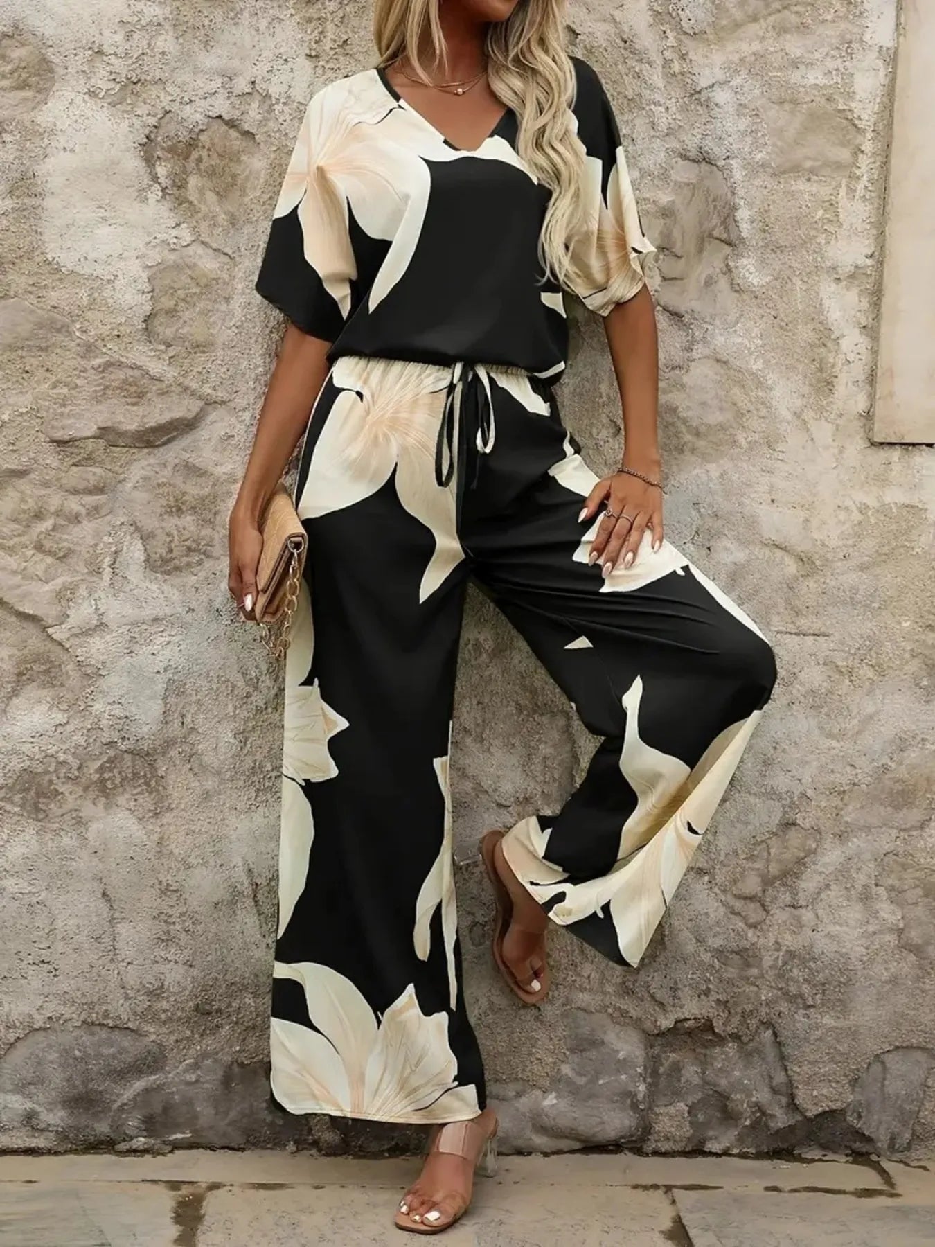 Front view of Printed V-Neck Short Sleeve Top and Wide Leg Pants Set in black floral – Voguelle