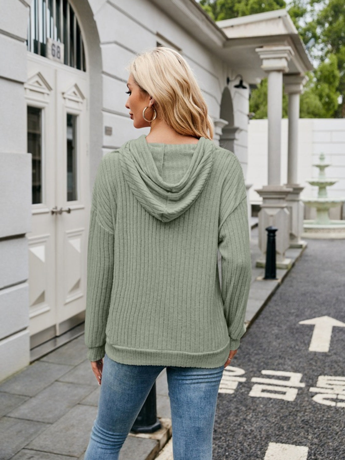 Full front look of ribbed drawstring hoodie in beige – Voguelle