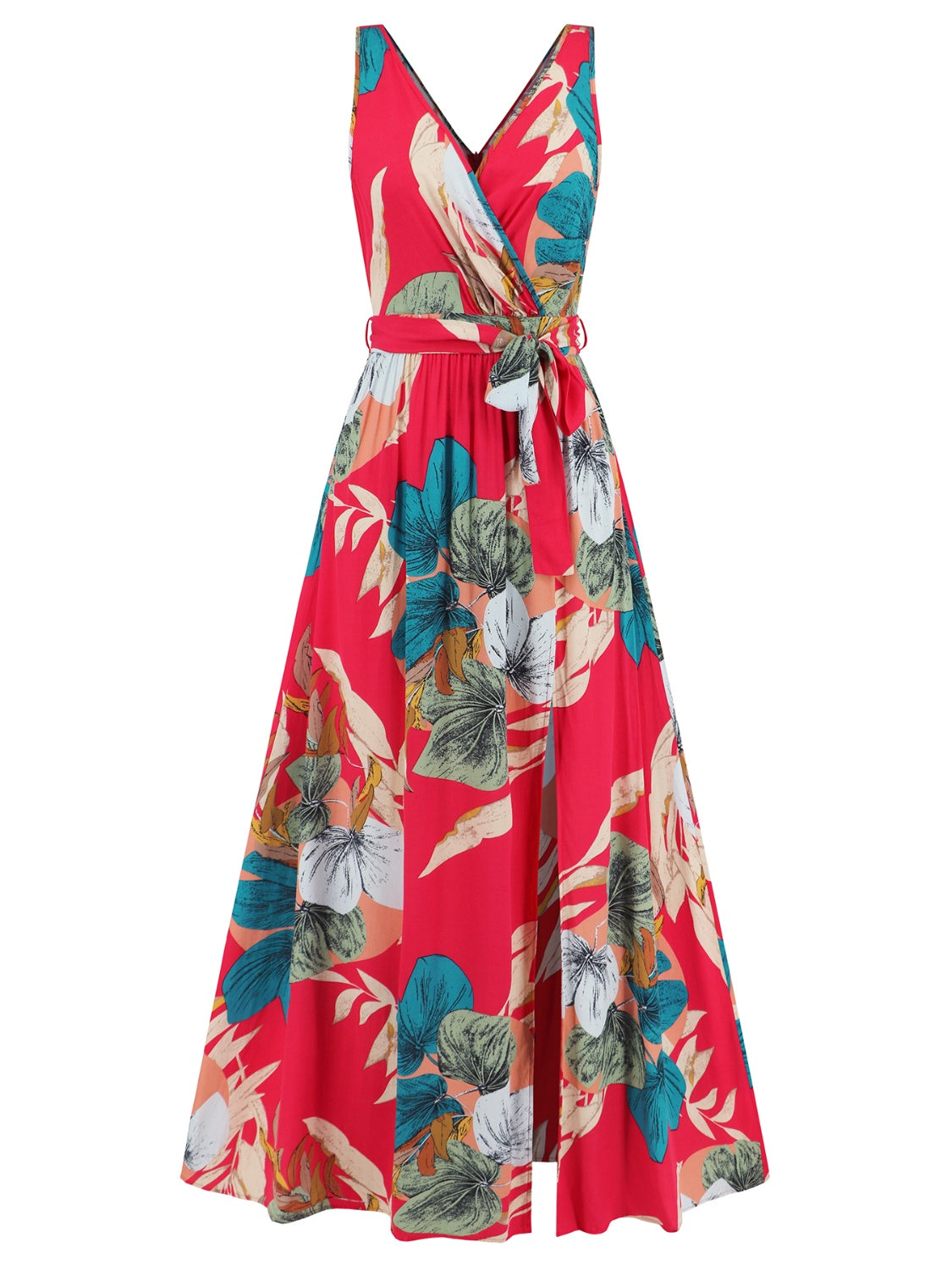 Candid shot of floral tied slit maxi dress on model – Voguelle