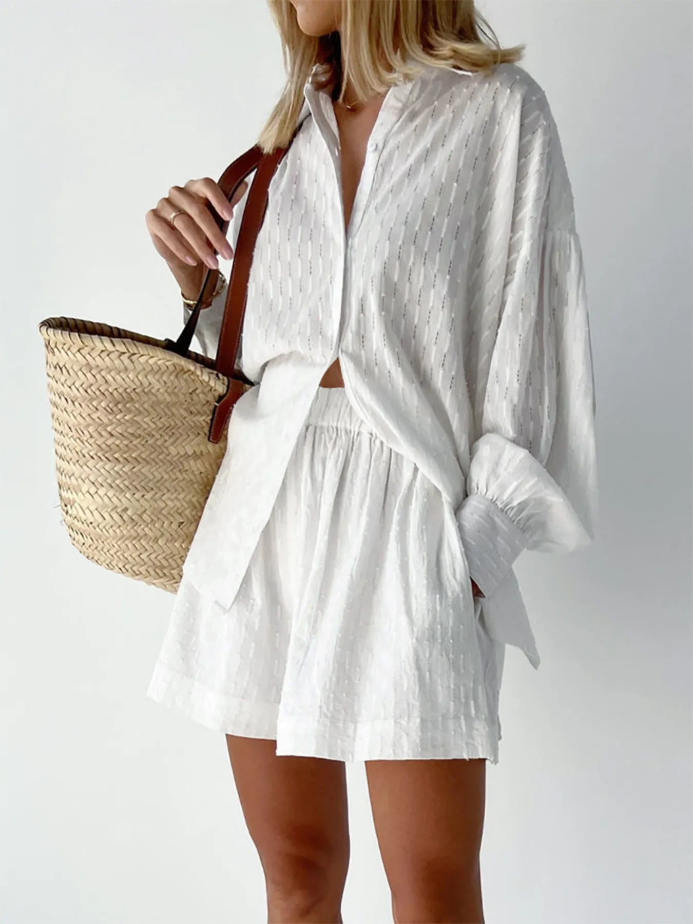 Back view of marigold textured shirt and shorts set – Voguelle