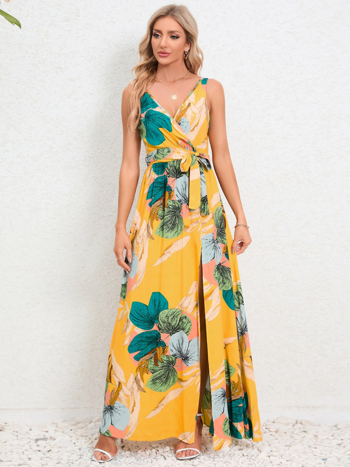 Walking away view in floral tied surplice maxi dress – Voguelle