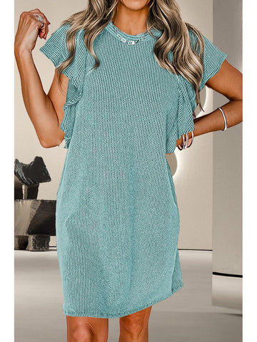 Lifestyle image of textured ruffled A-line casual dress – Voguelle