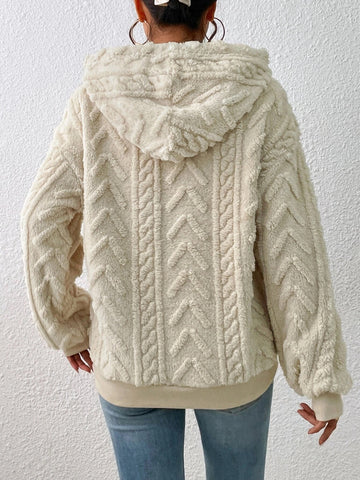 Back view of fleece textured long sleeve hoodie in beige – Voguelle