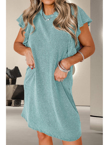 Close-up of ruffle detail on round neck cap sleeve dress – Voguelle
