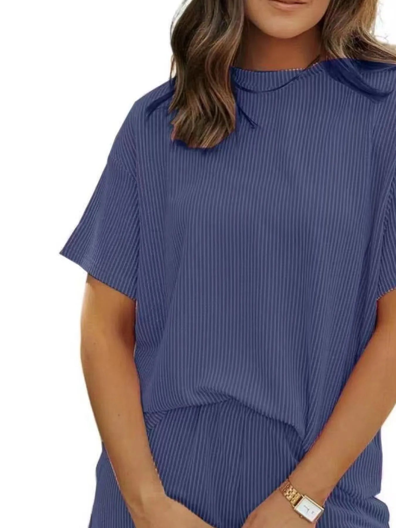 Model walking in Plus Size Ribbed Two-Piece Set, side angle – Voguelle