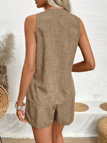Front view of notched tank top and shorts set in brown on model – Voguelle