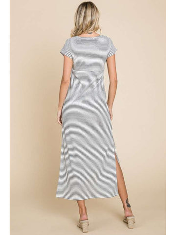 Model wearing V-neck Striped Midi Dress – Voguelle