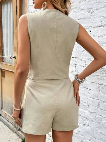 Sleeveless button down vest top with shorts in rust brown – Voguelle