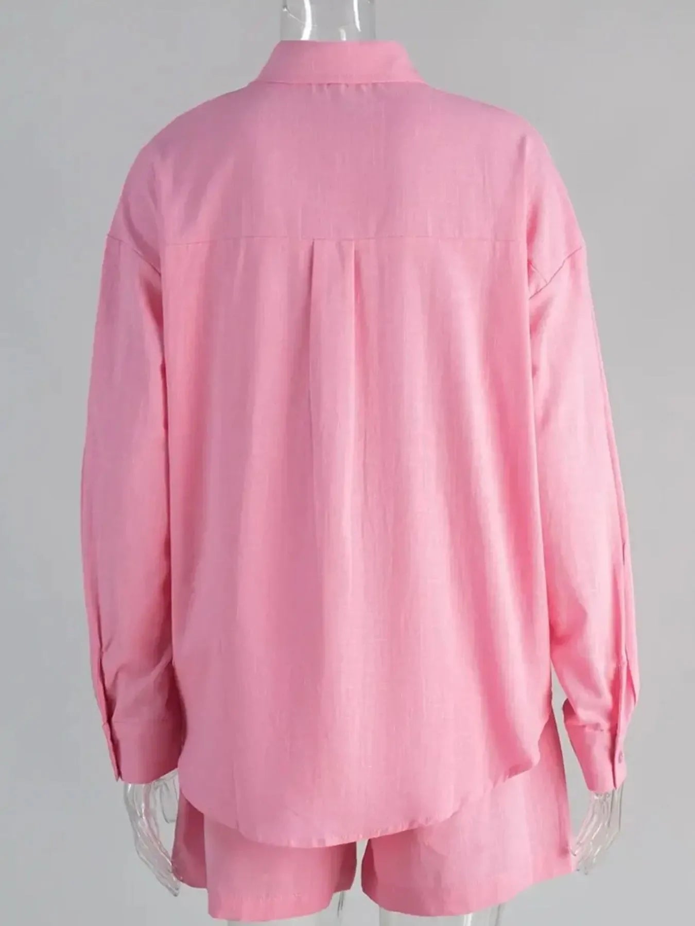 Front view of pink button-up long sleeve shirt with matching shorts – Voguelle