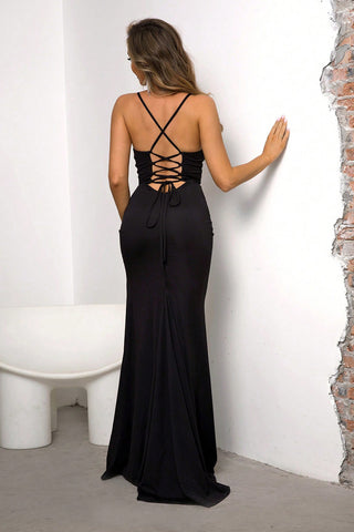 Black spaghetti strap slit maxi dress front view – Voguelle