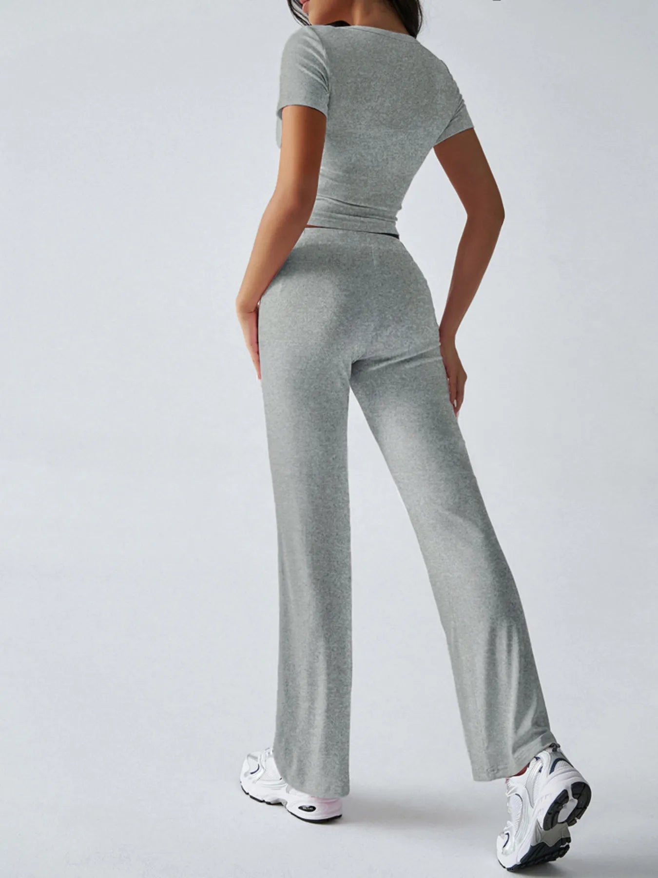 Pink ribbed casual two-piece crop top and drawstring pants set – Voguelle