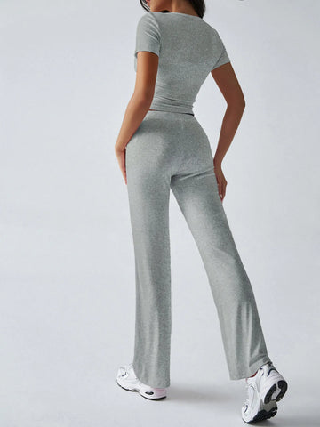Pink ribbed casual two-piece crop top and drawstring pants set – Voguelle