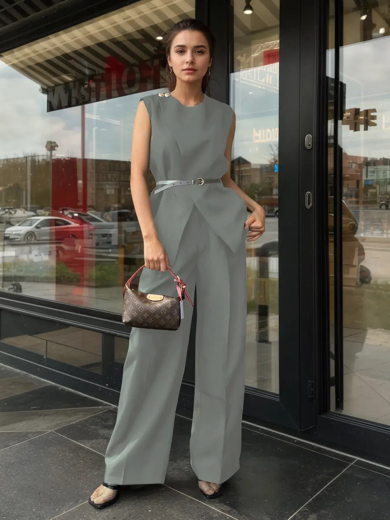 Model wearing belted sleeveless pants set in sage green – Voguelle