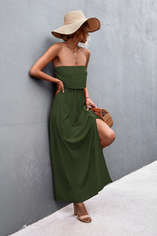 Model leaning strapless maxi dress – Voguelle