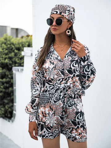Model styling black Printed Long Sleeve Shirt & Shorts Set – Voguelle