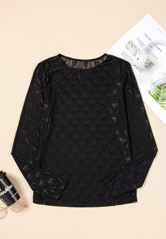 Front view of bow round neck sheer long sleeve top in black – Voguelle