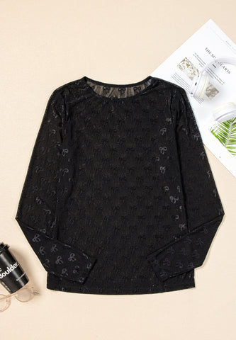 Front view of bow round neck sheer long sleeve top in black – Voguelle