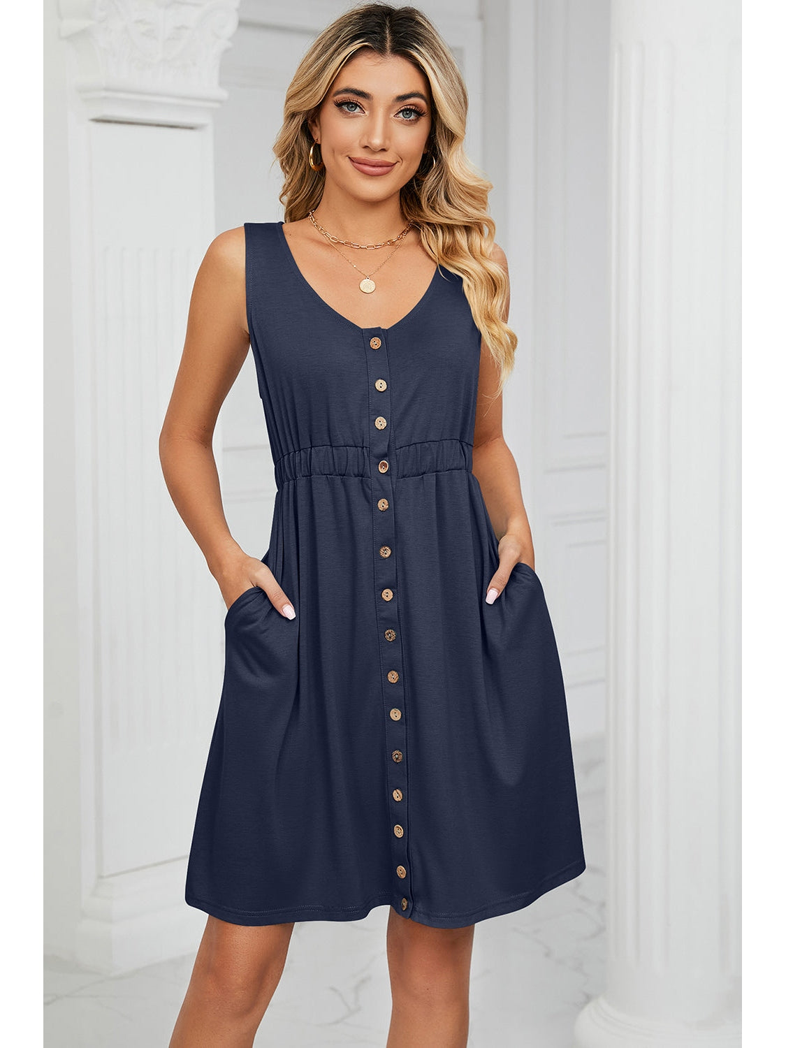 Wide strap detail on navy mini dress – Voguelle
